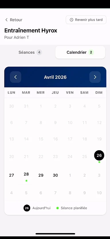 Écran de l’app : le calendrier mensuel, avec les séances planifiées