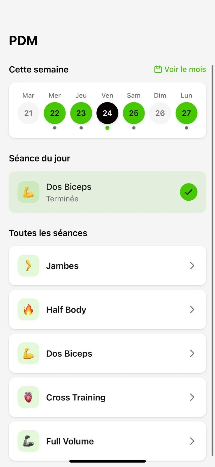 Écran de l’app côté client : la semaine d’entraînement, la séance du jour et toutes les séances du programme