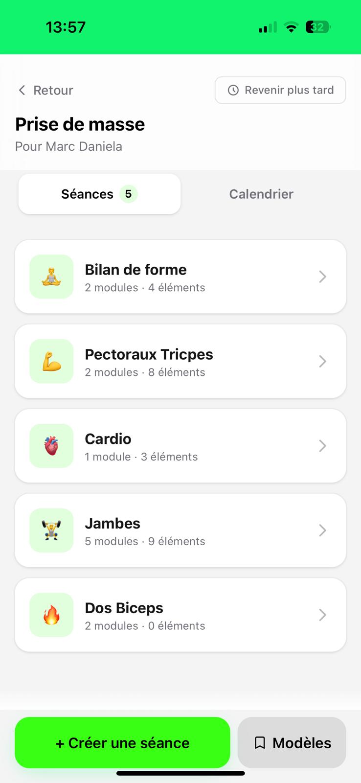 Clique sur la séance que tu veux développer puis sur le bouton « + Ajouter un module ».