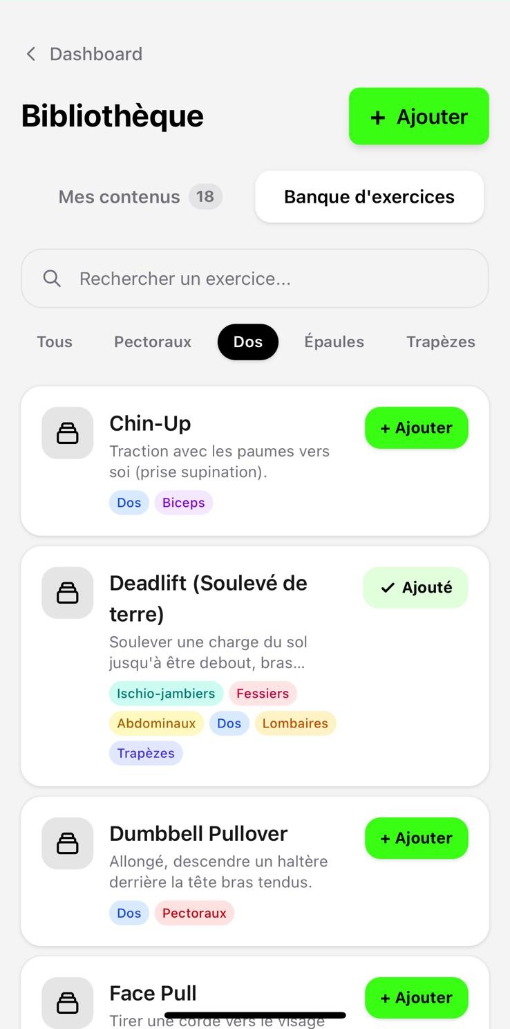Filtre par catégorie ou recherche par nom pour trouver l'exercice que tu veux importer et ajoute le.