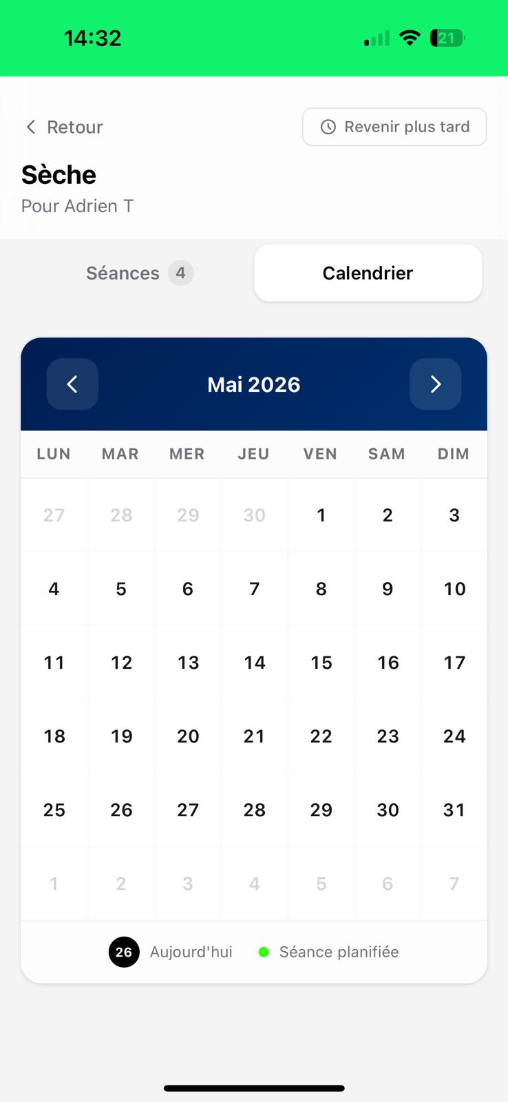Le calendrier hebdomadaire vide du client — Clique sur un jour pour le sélectionner.