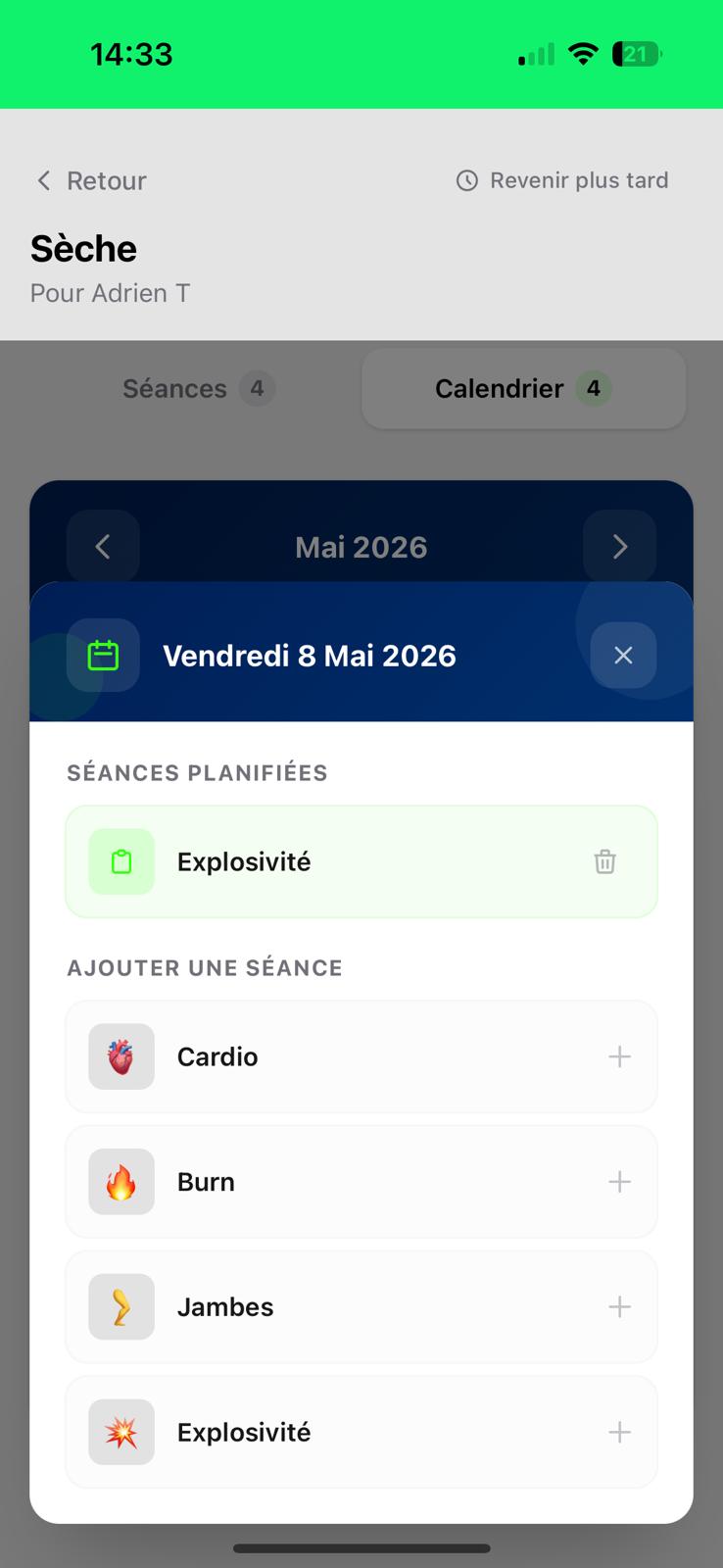 La séance assignée — visible côté coach et côté client à la date choisie.