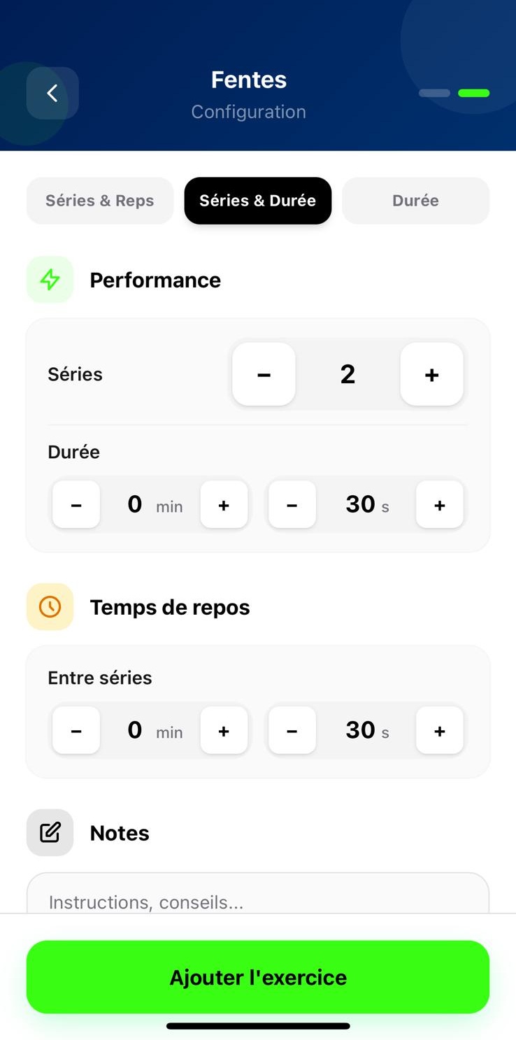 Choisis ta configuration : 2 - mode Séries × durée (gainage, isométrique).