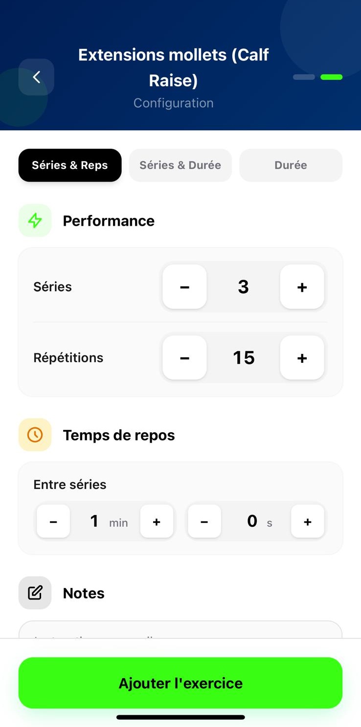 Choisis ta configuration : 1 - mode Séries × reps (force classique).