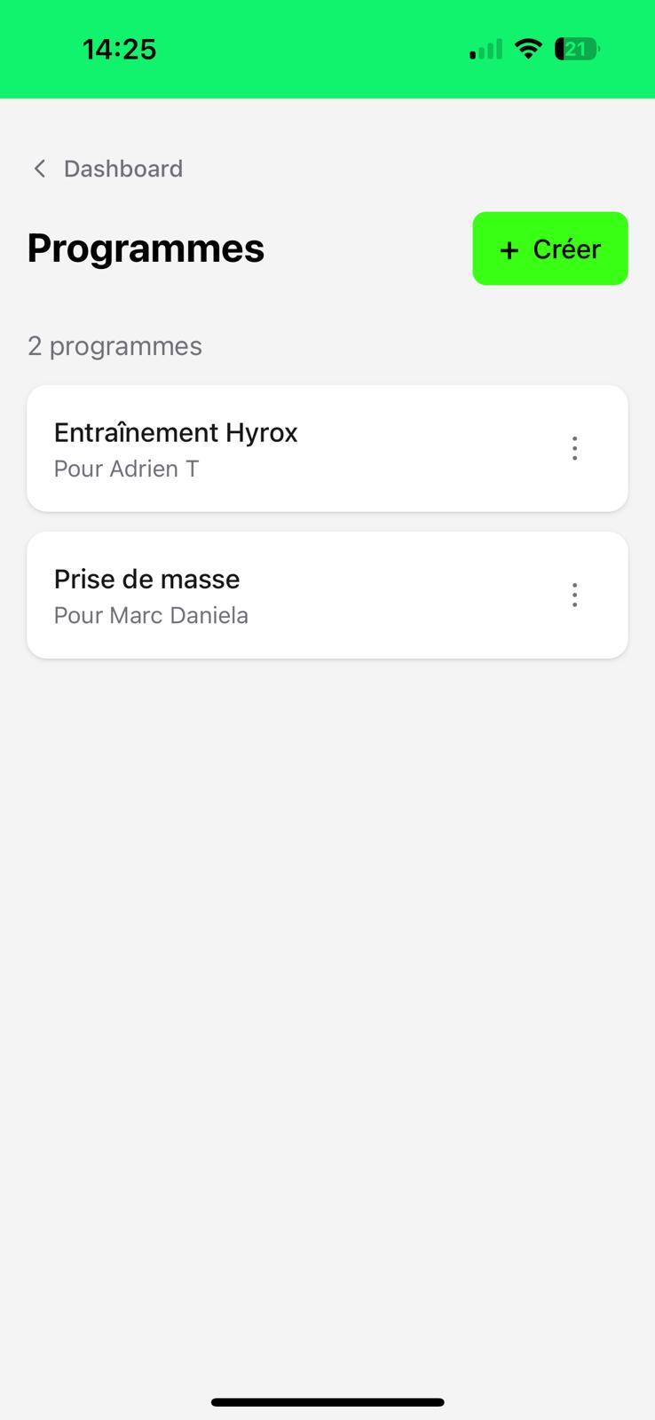 L'écran « Programmes » avec le bouton « + Créer ».