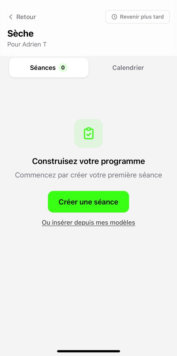 Le menu de création de séance. Clique sur « Créer une séance » pour créer une nouvelle séance.